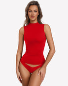 Red double-layer mock neck fitted tank top with low cut hem, sleeveless