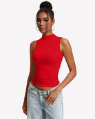 Red double-layer mock neck fitted tank top, sleeveless, close fit