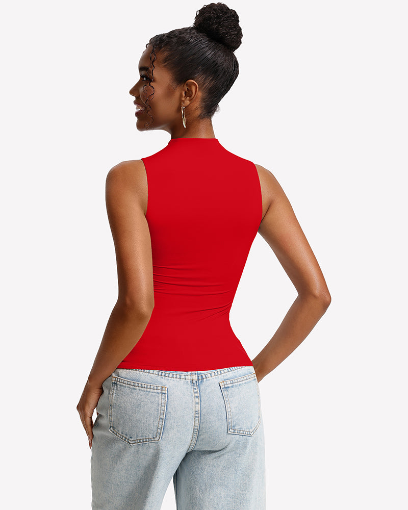 Red double-layer mock neck fitted tank top, sleeveless, back view