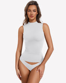 White double-layer mock neck fitted tank top, sleeveless, close fit
