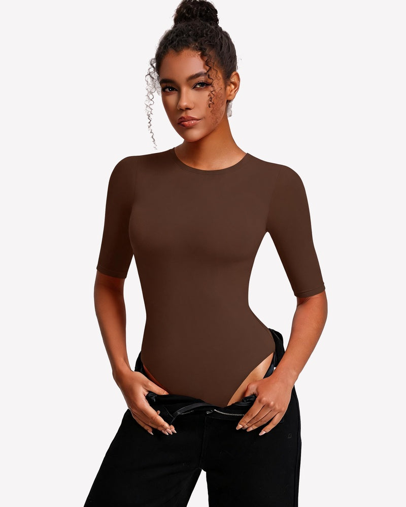 Brown fitted crew-neck bodysuit with 3/4 sleeves and snap closure