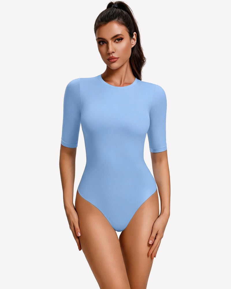 Light blue fitted crew-neck bodysuit with 3/4 sleeves and snap closure