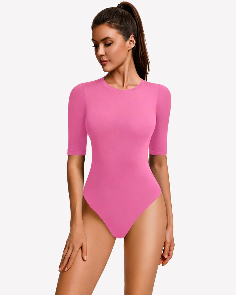 Pink fitted crew-neck bodysuit with 3/4 sleeves and snap closure