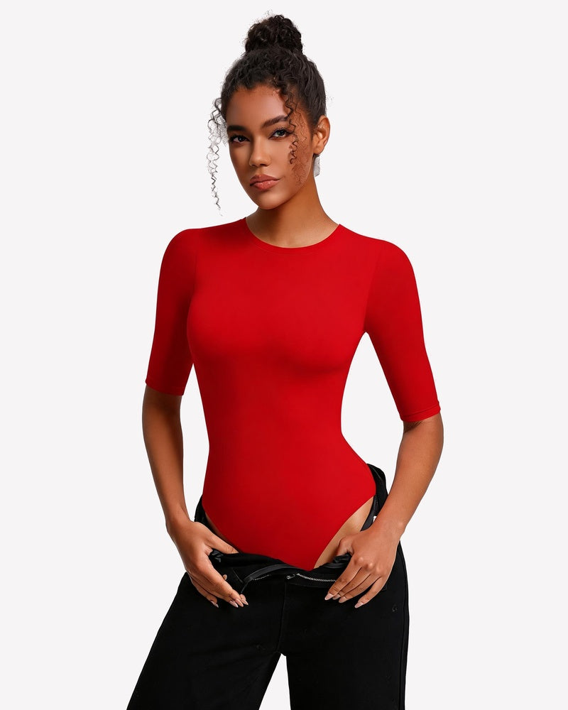 Red fitted crew-neck bodysuit with 3/4 sleeves and snap closure