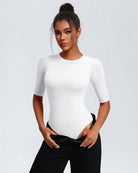 White 3/4 sleeve crew neck slim-fit snap bodysuit with fitted waist