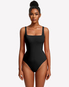Square-neck backless double-lined thong bodysuit, black, front close fit