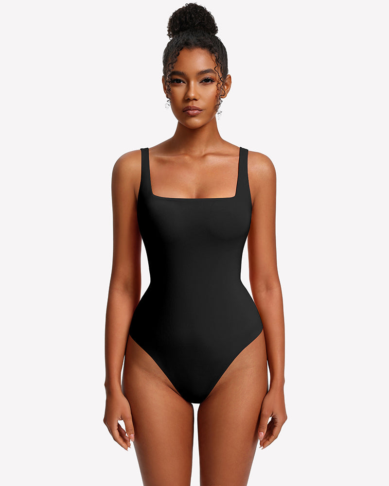 Square-neck backless double-lined thong bodysuit, black, front close fit