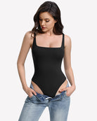 Square-neck backless double-lined thong bodysuit, black, square neckline