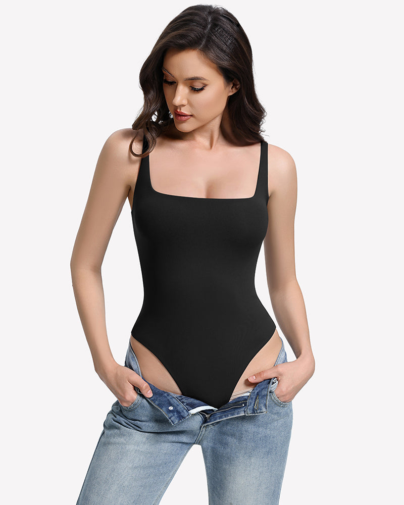 Square-neck backless double-lined thong bodysuit, black, square neckline