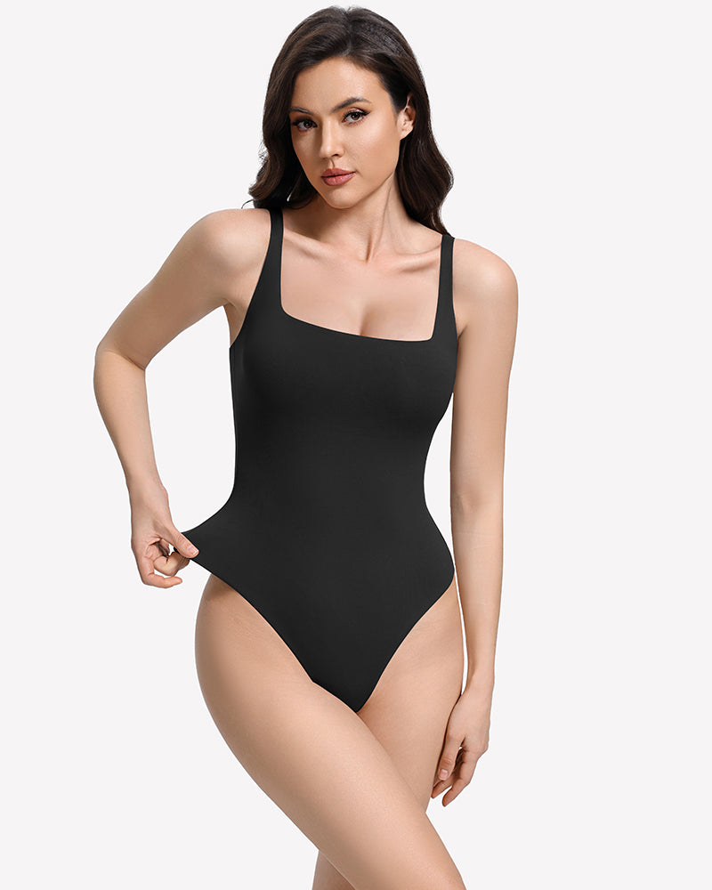 Square-neck backless double-lined thong bodysuit, black, high-cut leg