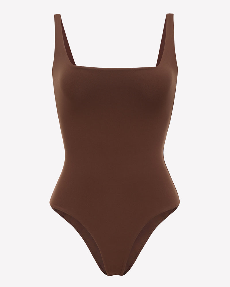 Square-neck backless thong bodysuit, brown, double-lined with thin straps