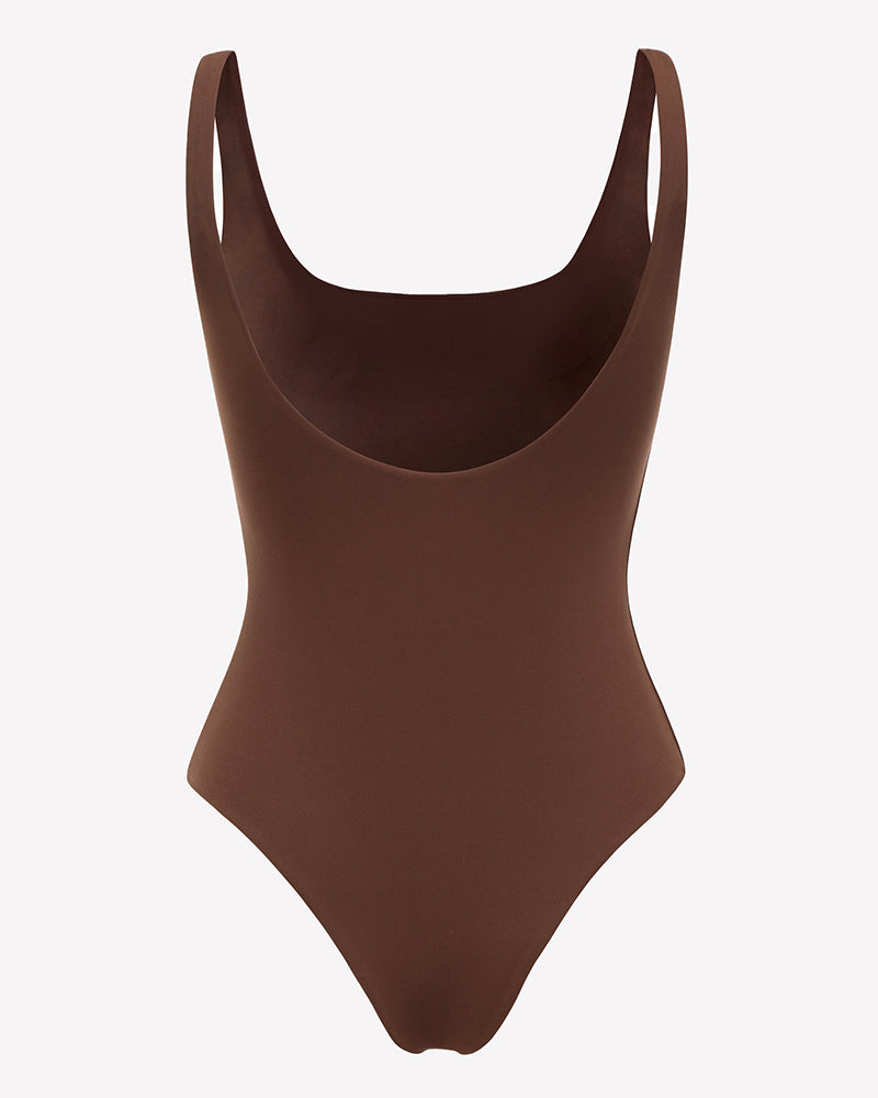 Square-neck backless thong bodysuit, brown, double-lined front view