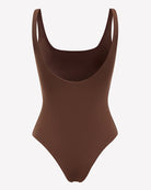 Square-neck backless thong bodysuit, brown, double-lined front view