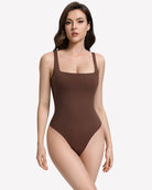 Square-neck backless double-lined thong bodysuit, brown, square neckline