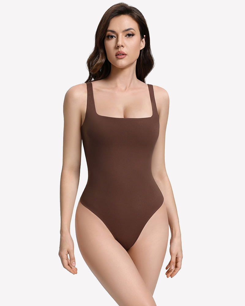 Square-neck backless double-lined thong bodysuit, brown, square neckline