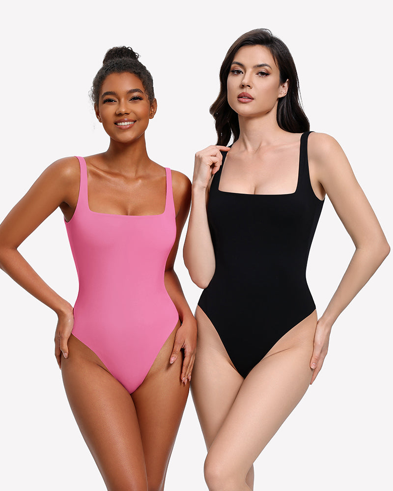Square-neck thong bodysuits in pink and black, double-lined, thin straps