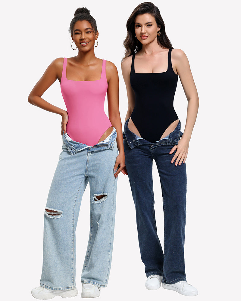 Square-neck thong bodysuits in pink and dark blue, double-lined, thong coverage