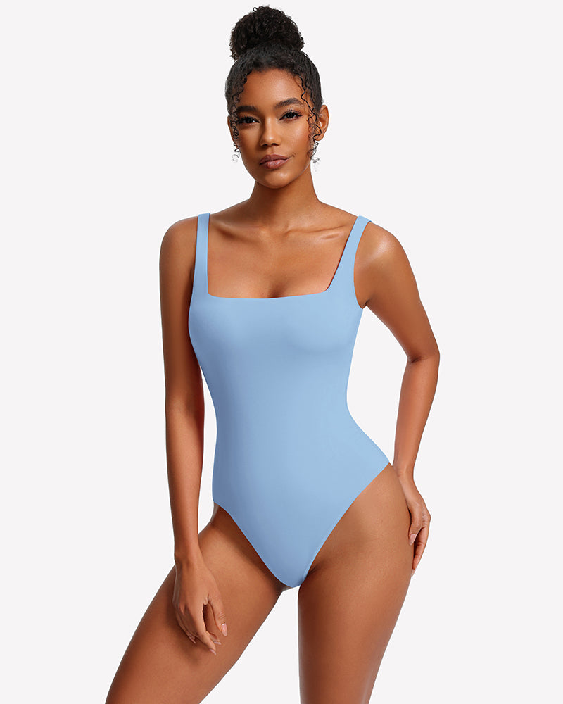 Square-neck backless double-lined thong bodysuit, light blue, high-cut leg