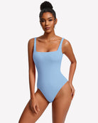 Square-neck backless double-lined thong bodysuit, light blue, high-cut leg