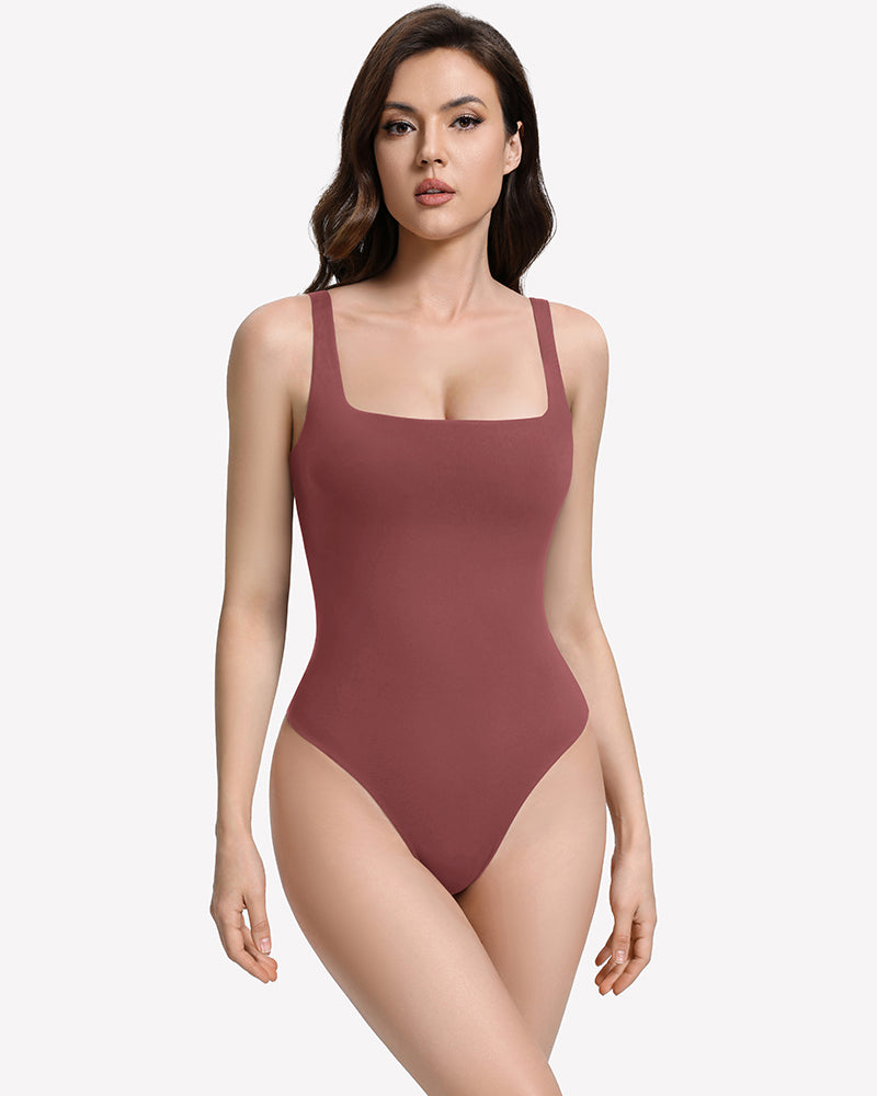 Square-neck thong bodysuit, dark red, double-lined with thin strap sides