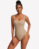 Square-neck backless double-lined thong bodysuit, nude, square neckline