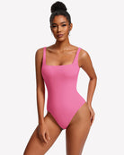 Square-neck backless double-lined thong bodysuit, pink, sleek close fit