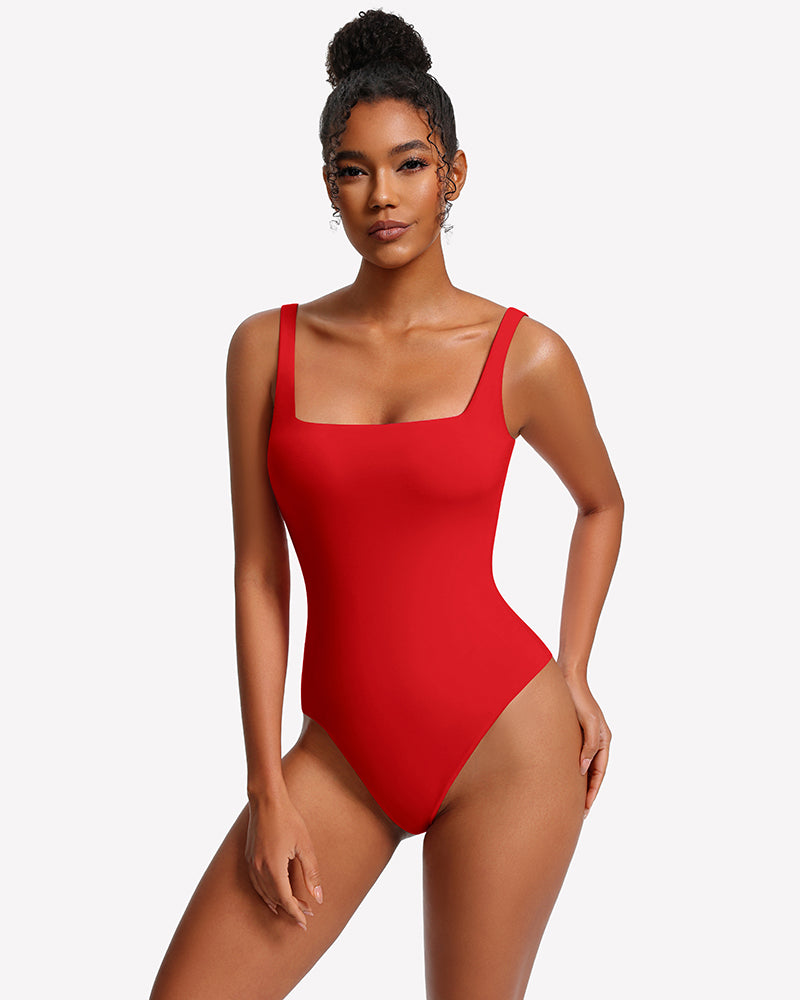 Square-neck backless double-lined thong bodysuit, red, high-cut thong bottom