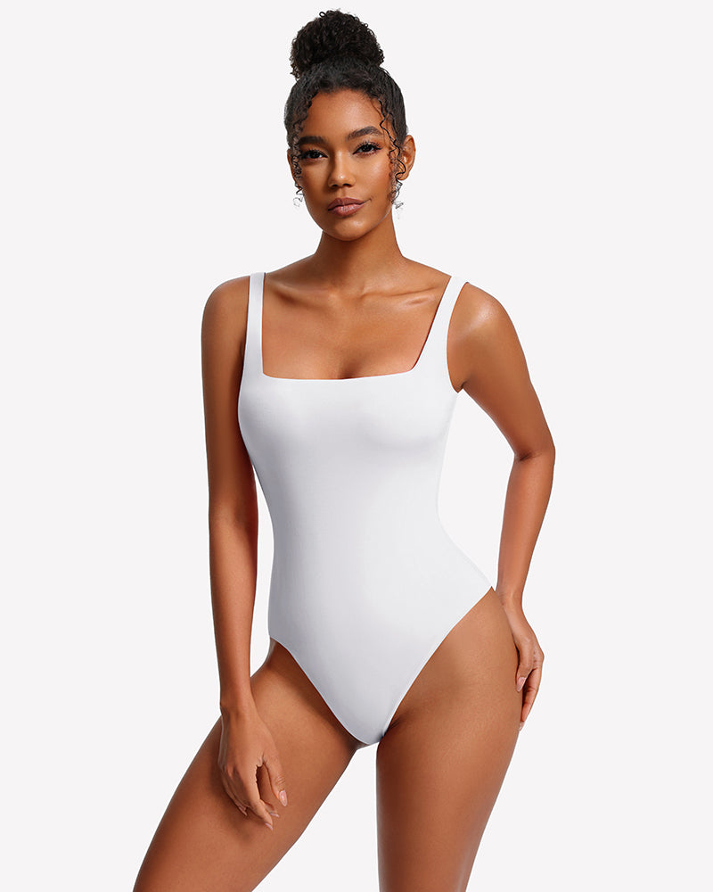 Square-neck backless double-lined thong bodysuit, white, smooth double lining