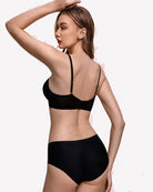 Black underwire lace bra with thin back straps and scalloped unlined lace cups