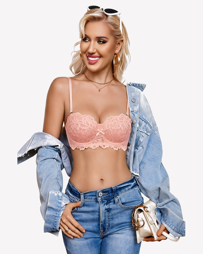 Lilac floral lace underwire bra with scalloped unlined cups and thin shoulder straps
