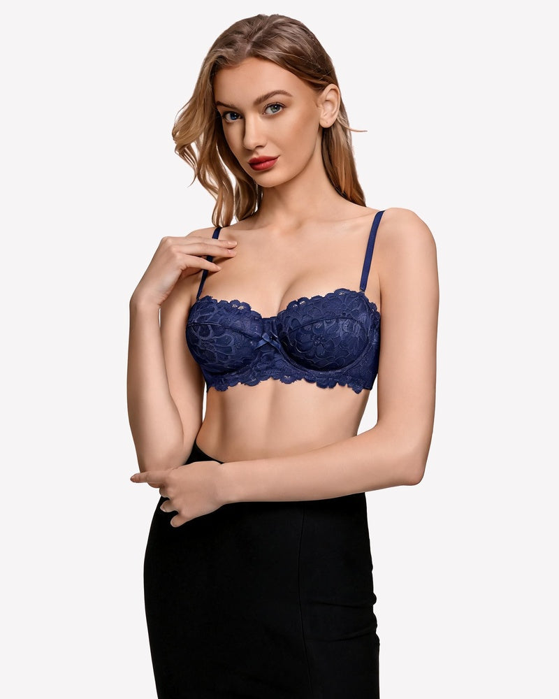 Navy floral lace underwire bra with scalloped unlined cups and thin straps