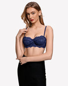 Navy floral lace underwire bra with scalloped unlined cups and thin straps