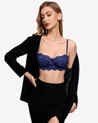 Black floral lace underwire bra with blue straps and scalloped unlined cups