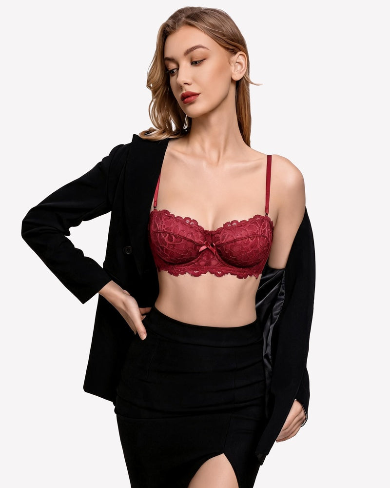 Wine red lace underwire bra with sheer floral cups and scalloped trim