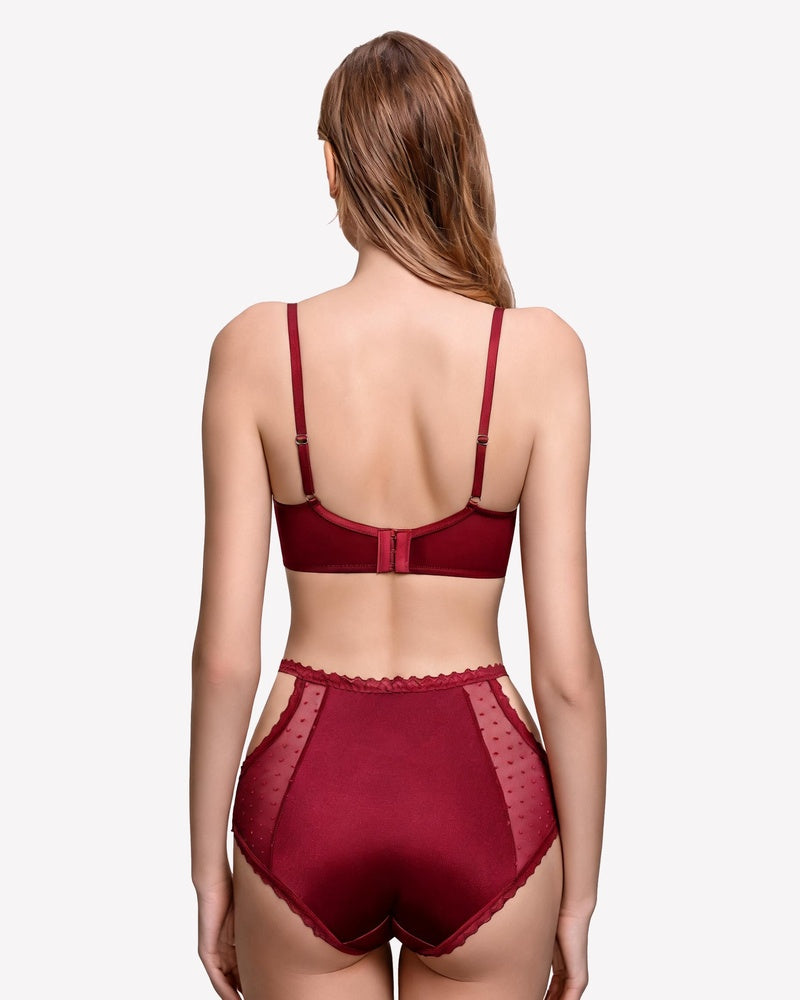 Wine red lace underwire bra back view with adjustable straps and scalloped lace trim