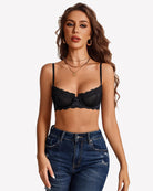 Black lace underwire unlined bra with lace trim cups and thin adjustable straps