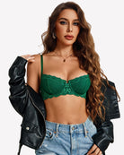 Green lace underwire unlined bra with scalloped cups and thin adjustable straps