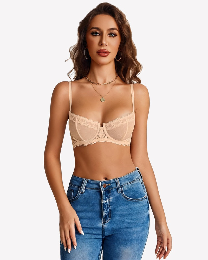 Champagne lace underwire unlined bra with scalloped lace cups and adjustable straps