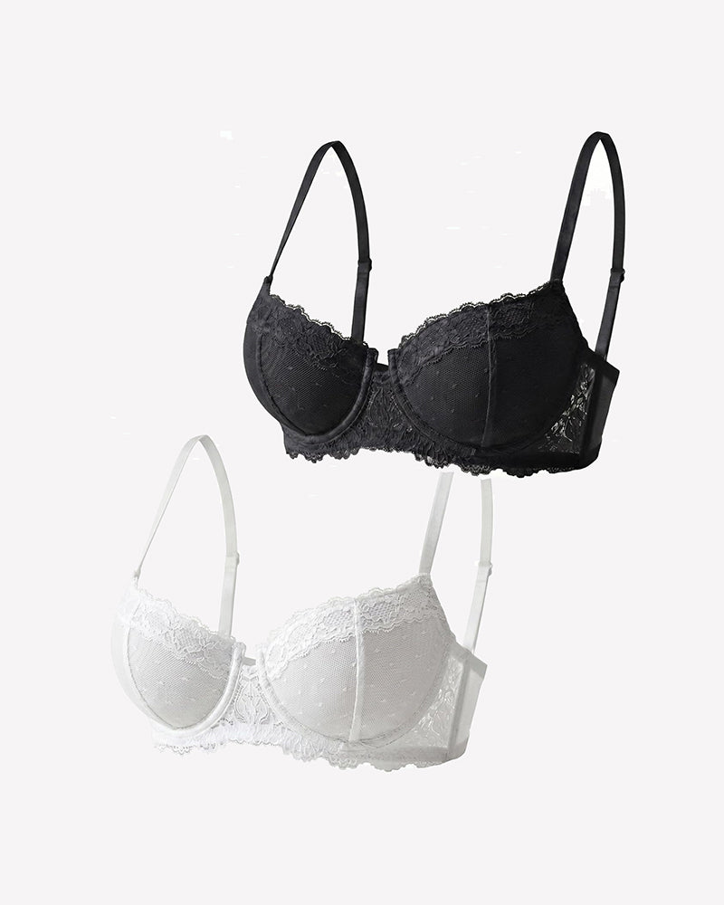 Unlined lace mesh underwire bra, black and white with scalloped lace trim