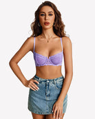 Lilac lace underwire unlined bra with lace trim cups and thin adjustable straps