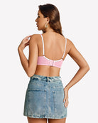 Back view of pink lace underwire unlined bra with adjustable shoulder straps