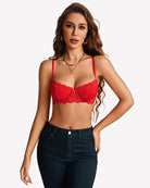 Red lace underwire unlined bra with scalloped lace cups and thin adjustable straps