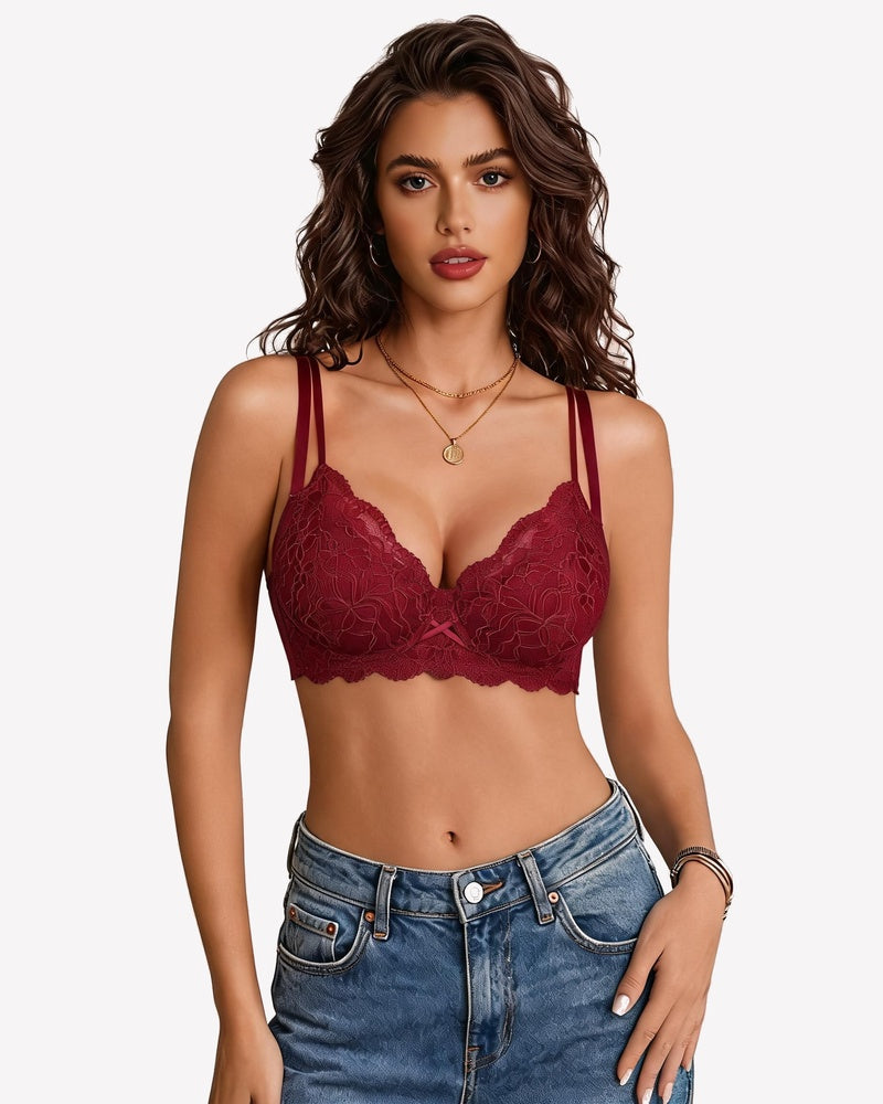 Wine red underwire V-neck lace bra with scalloped edges, unlined cups
