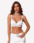 Underwire scalloped lace mesh V-neck bra, unlined, white color.