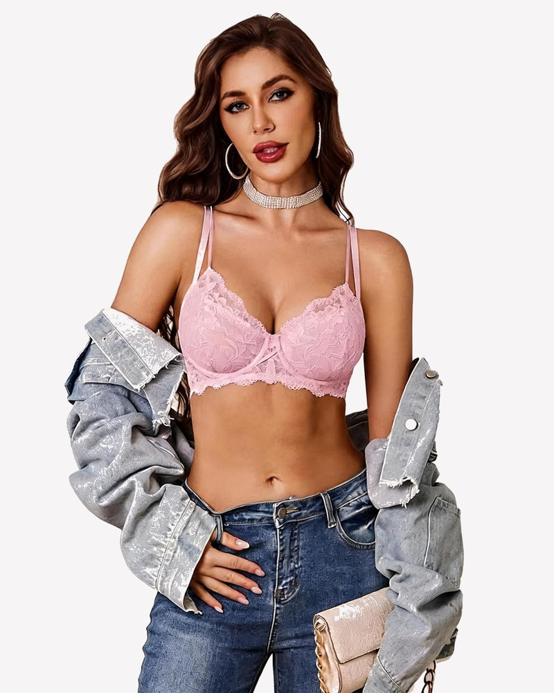 Underwire scalloped lace mesh V-neck bra, unlined, lilac color.