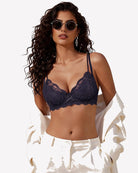 Underwire scalloped lace mesh V-neck bra, unlined, navy blue color.