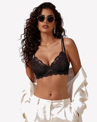 Underwire scalloped lace mesh V-neck bra, unlined, dark black color.