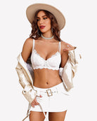 Underwire scalloped lace mesh V-neck bra, unlined, white color.