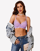 Underwire scalloped lace mesh V-neck bra, unlined, lilac color.