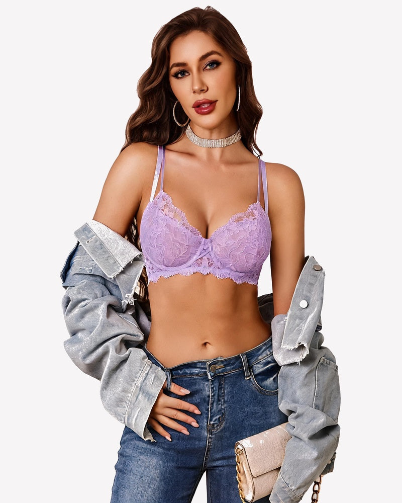 Underwire scalloped lace mesh V-neck bra, unlined, lilac color.